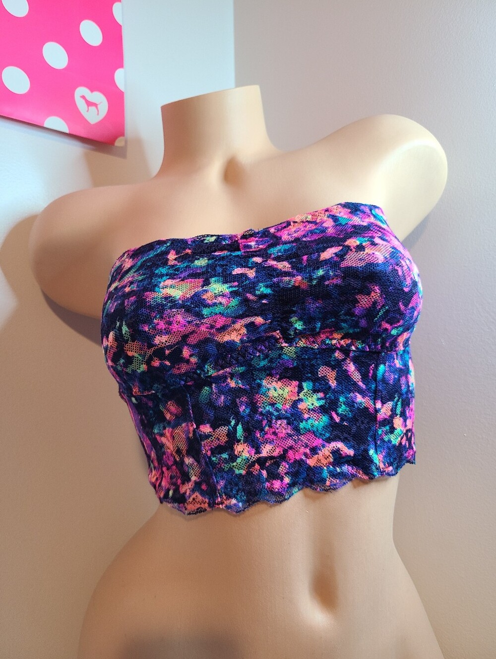 Y2K VS PINK Multicolor Neon Lace Strapless Bandeau Bralette Size M - NWOT
